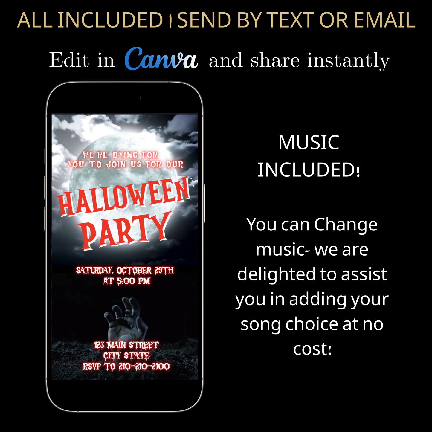 Halloween-Videoeinladung, animierte Einladung mit der Hand aus dem Grab, bearbeitbare mobile Einladung zur Halloween-Party