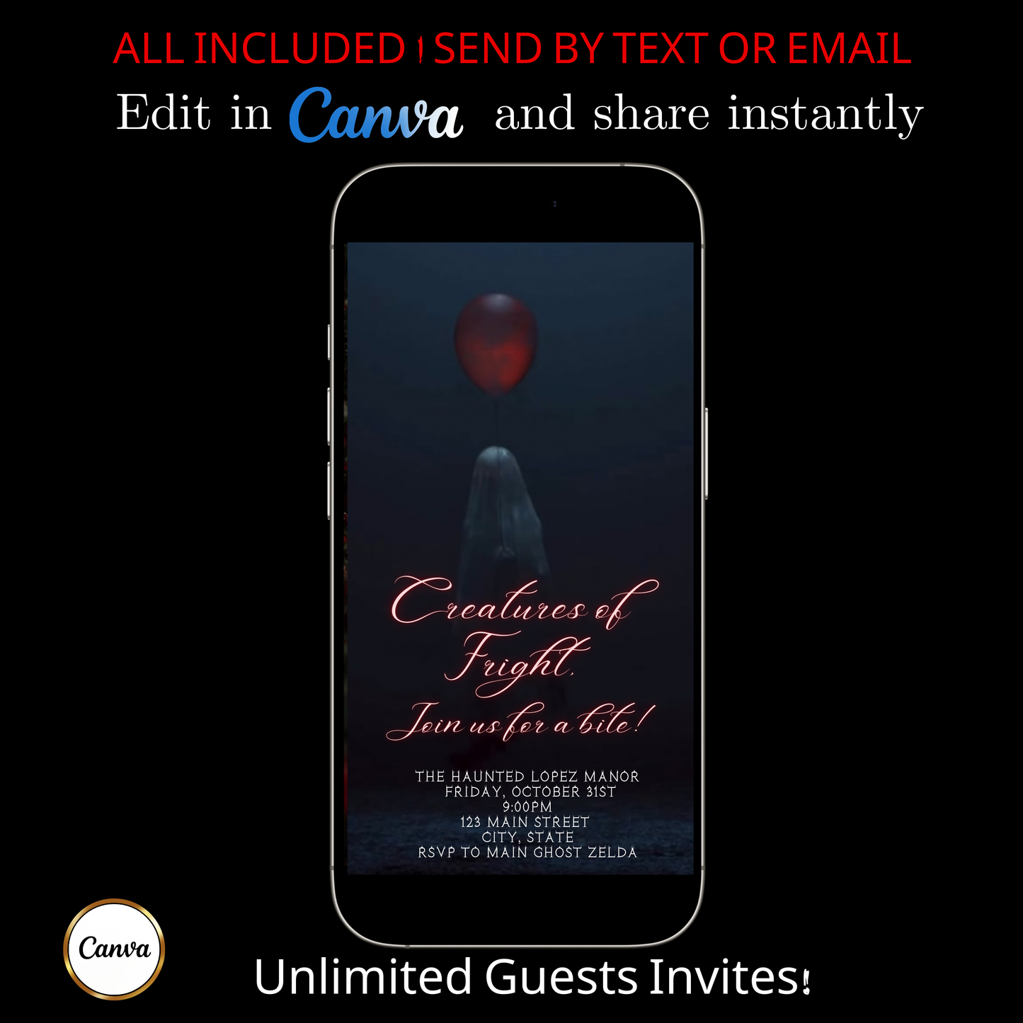 Halloween Video Invitation, Red Balloon It Animated Invite, Editable Halloween Party Mobile Evite