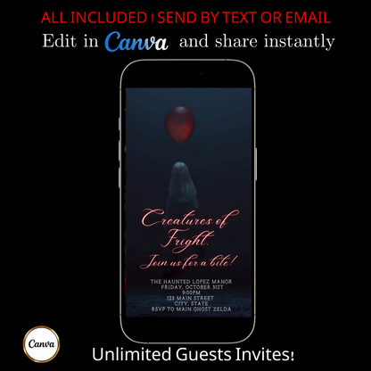 Halloween Video Invitation, Red Balloon It Animated Invite, Editable Halloween Party Mobile Evite