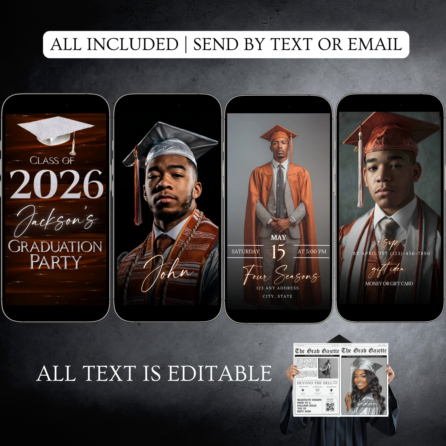 Graduation Party Video Invitation | Class of 2026 Orange and Silver Invite for Him | Editable Online RSVP Evite Canva Template