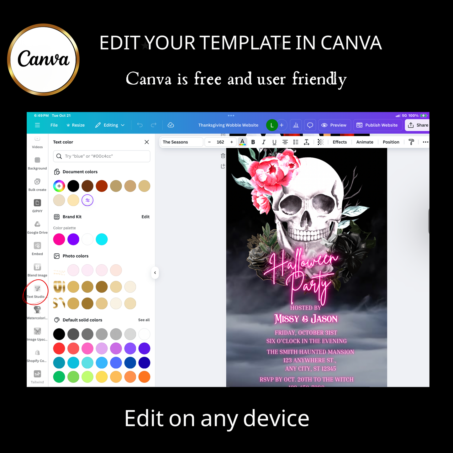 Halloween-Videoeinladung, animierte Einladung mit rosa Totenkopf, bearbeitbare mobile Einladung zur Halloween-Party