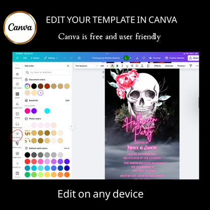 Halloween-Videoeinladung, animierte Einladung mit rosa Totenkopf, bearbeitbare mobile Einladung zur Halloween-Party