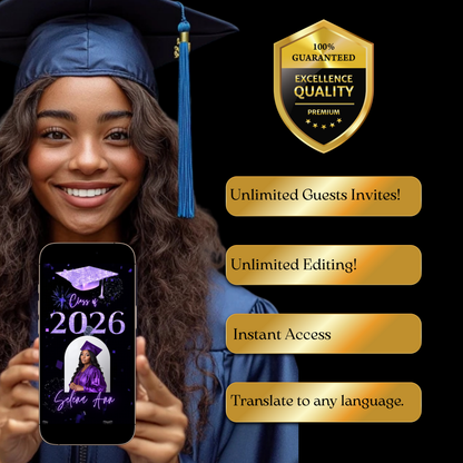 Graduation Party Video Invitation | Purple and Black Graduation Invite for Her | Editable Online RSVP Evite Canva Template