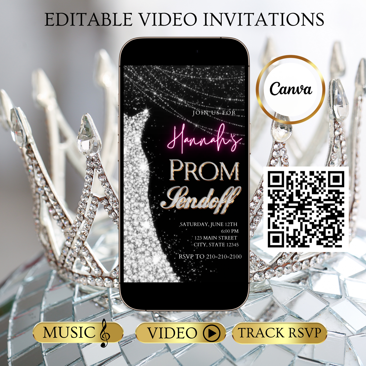 Silver Prom Send Off Video Invitation – Editable Canva Animated Invite