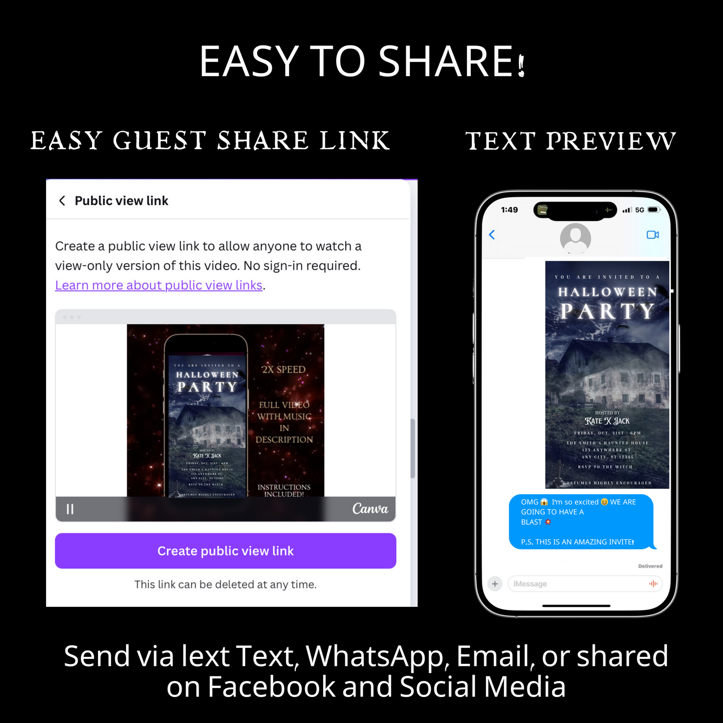 Halloween-Videoeinladung, animierte Einladung zur Spukscheune, bearbeitbare mobile Halloween-Partyeinladung