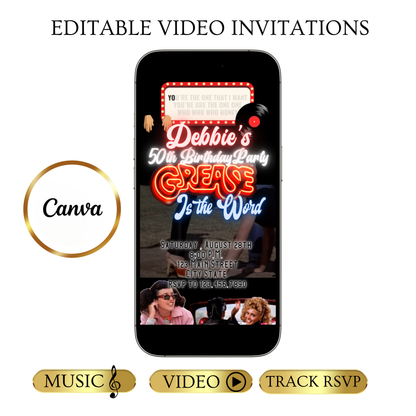 Grease Video Invitation | Digital Rockabilly 1950s Invitation | Editable Canva Evite Template