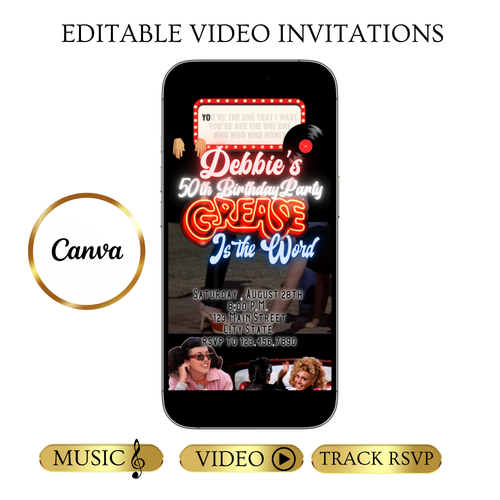 Grease Video Invitation | Digital Rockabilly 1950s Invitation | Editable Canva Evite Template