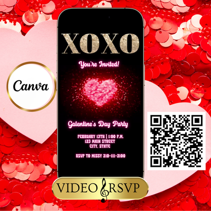 Valentines Day Party Video Invitation | Digital Galentines Animated Invite | Editable Canva Evite Template
