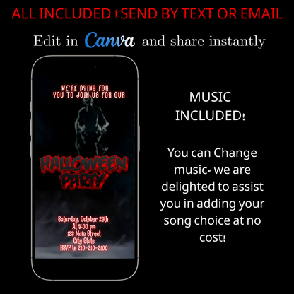 Halloween-Videoeinladung, animierte Zombie-Einladung, bearbeitbare mobile Einladung zur Halloween-Party