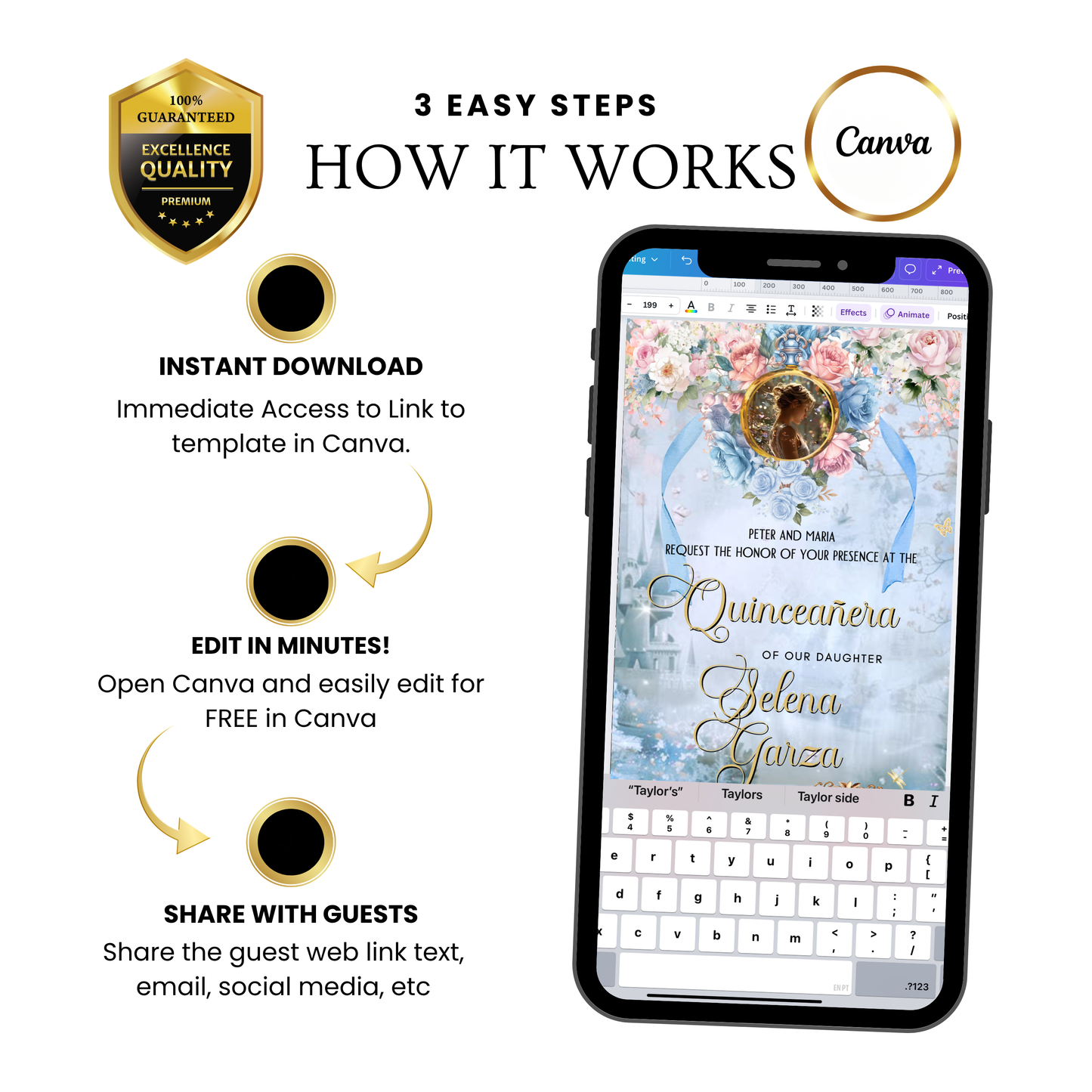 Cinderella Quinceanera Video Invitation Template | Mobile Animated Invite Birthday | Canva Video Evite Download