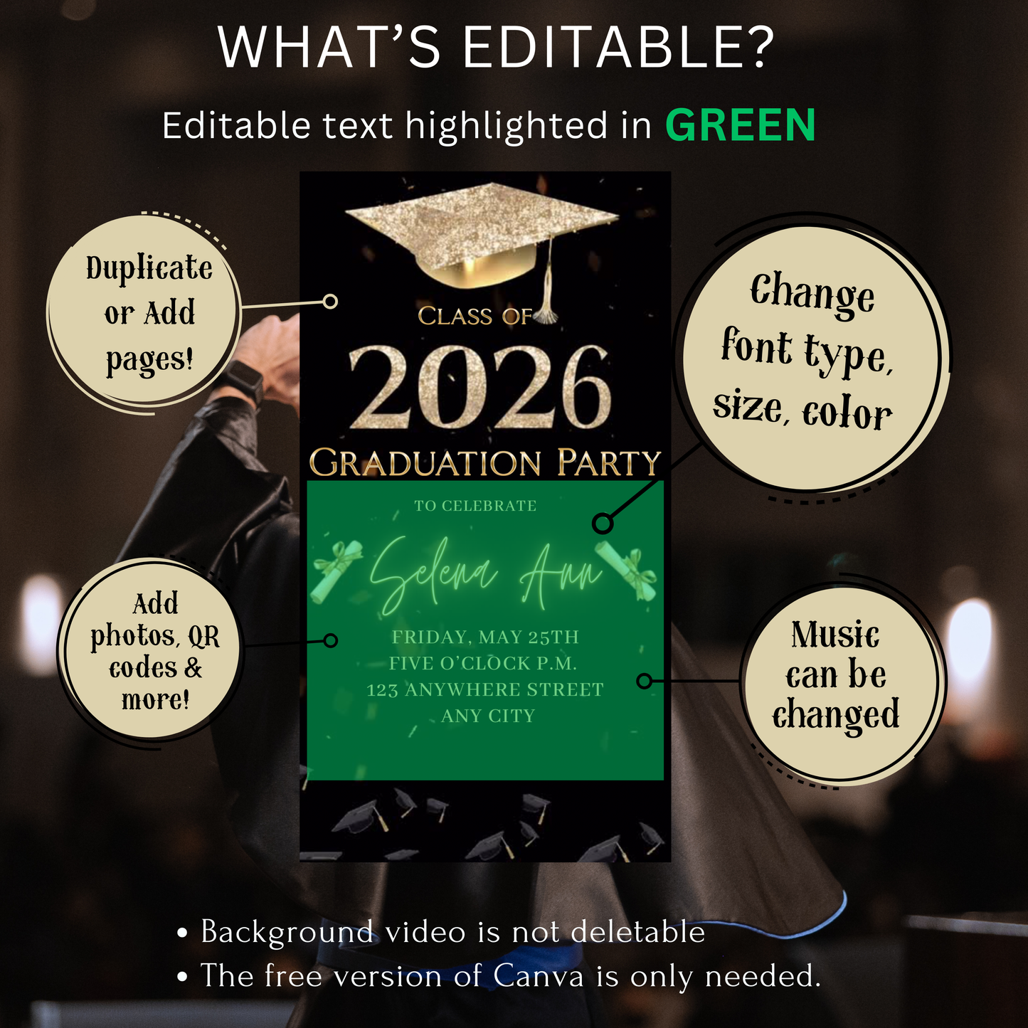 Graduation Party Video Invitation | Digital Gold Graduate Invite | Editable Canva Template