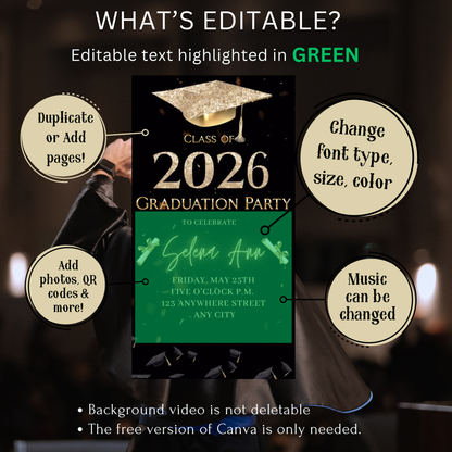 Graduation Party Video Invitation | Digital Gold Graduate Invite | Editable Canva Template