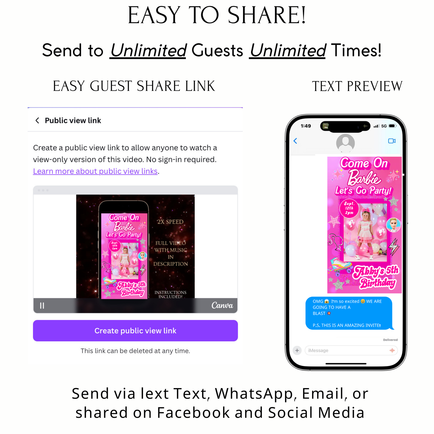 Editable Barbie Video Invitation | Animated Pink Barbie Digital Evite | Editable Canva Invite Template