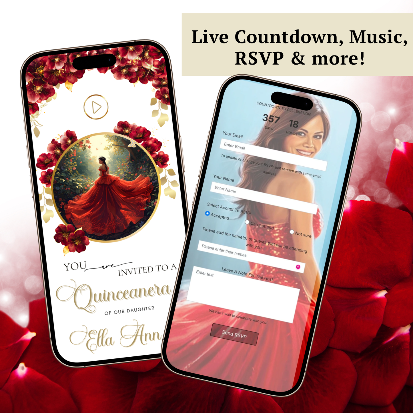 Red Quinceanera mini-Website RSVP tracker| Animated Sweet 15 16 Video Invitation | Canva Template