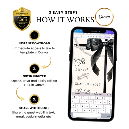 Graduation Party Video Invitation | Cream and Black Bow Graduation Invite for Her | Editable Online RSVP Evite Canva Template
