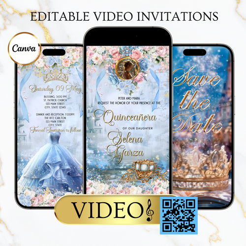 Cinderella Quinceanera Video Invitation Template | Mobile Animated Invite Birthday | Canva Video Evite Download