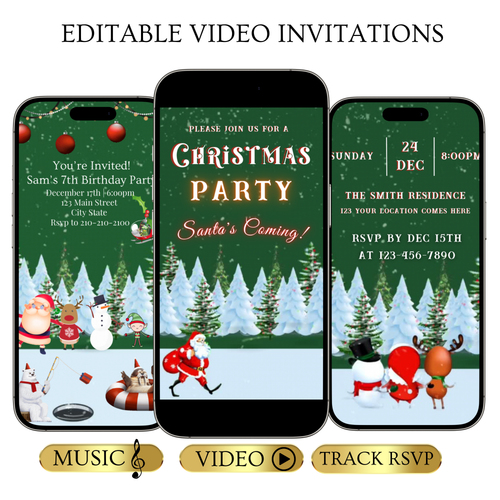 Christmas Party Video Invitation | Animated Santa Digital Evite | Editable Canva Invite Template