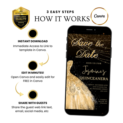 Gold Quinceanera Video Invite | Sweet 15 16 Quince RSVP Tracker | Editable Canva Evite Template