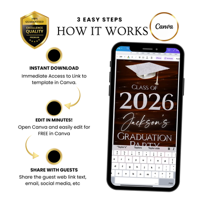 Graduation Party Video Invitation | Class of 2026 Orange and Silver Invite for Him | Editable Online RSVP Evite Canva Template