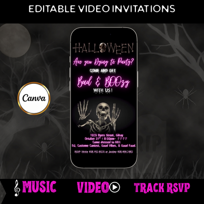 Halloween Video Invitation | Skeleton Animated Invite | Editable Halloween Bad and boozy Mobile Evite
