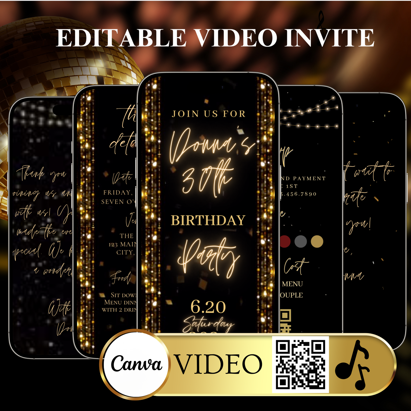 Gold Birthday Dinner Video Invitation | Digital Luxe Birthday Mobile Invite | Editable Animated Gold Glitter