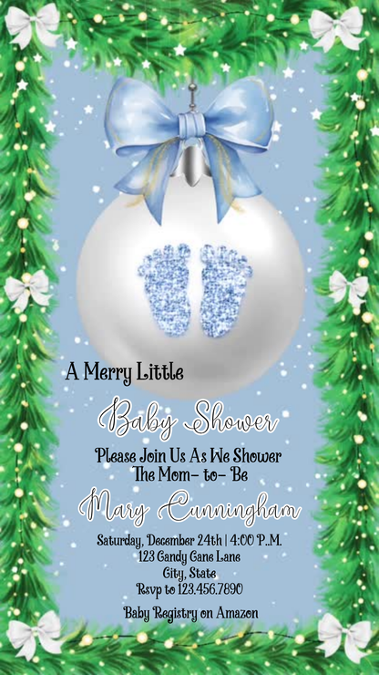 Online editable blue ornament baby video party invite