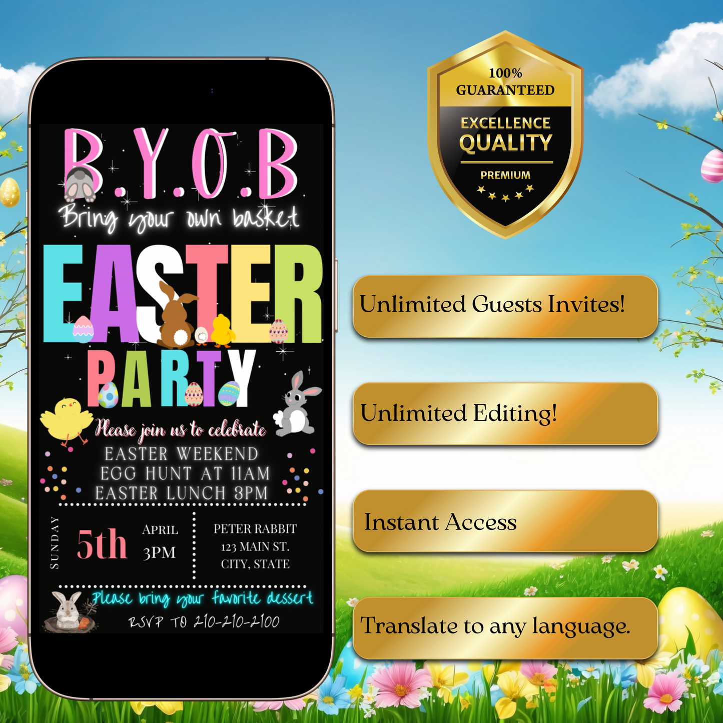 Easter Video Invitation, Easter Egg Hunt Animated Invite, Digital Canva Template