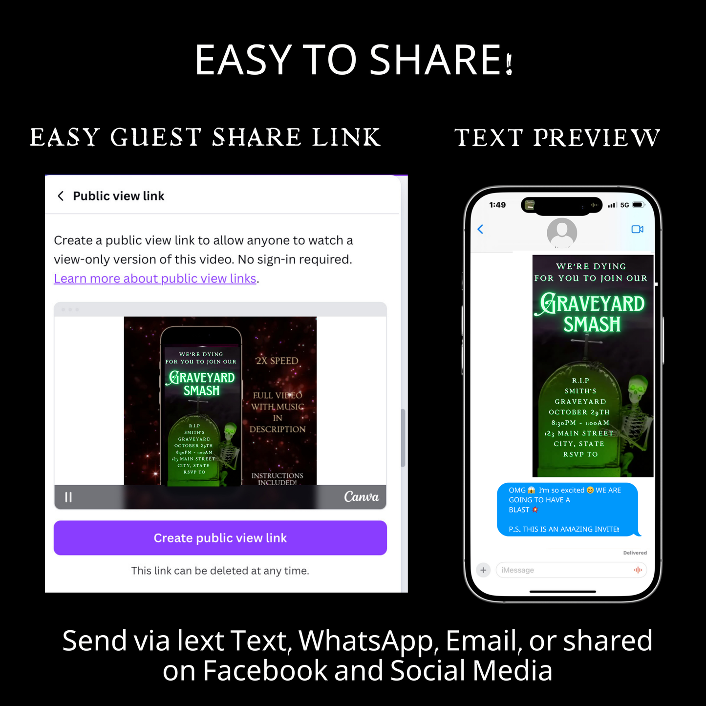 Halloween-Videoeinladung, animierte Einladung zur Friedhofs-Party, bearbeitbare mobile Einladung zur Halloween-Party