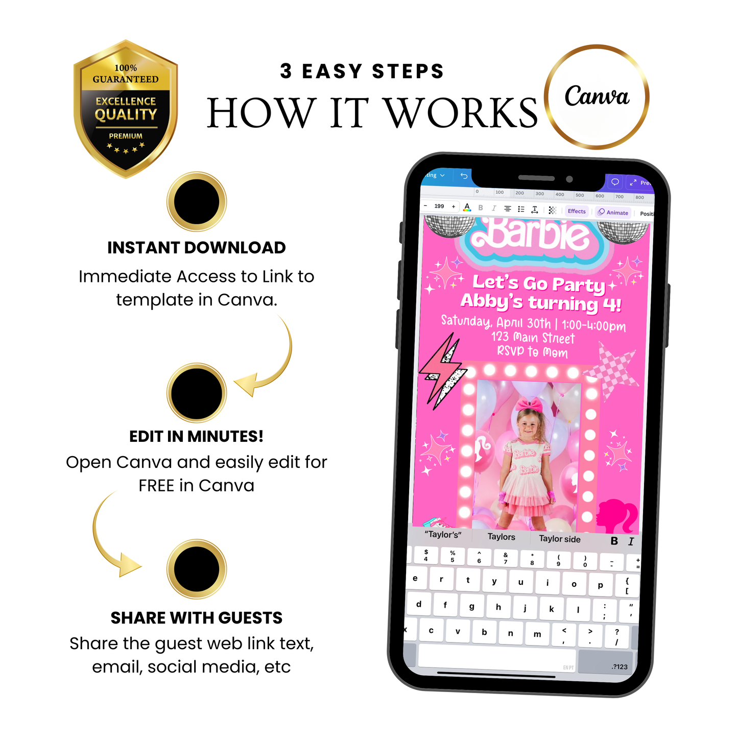 Editable Barbie Video Invitation | Animated Pink Barbie Digital Evite | Editable Canva Invite Template