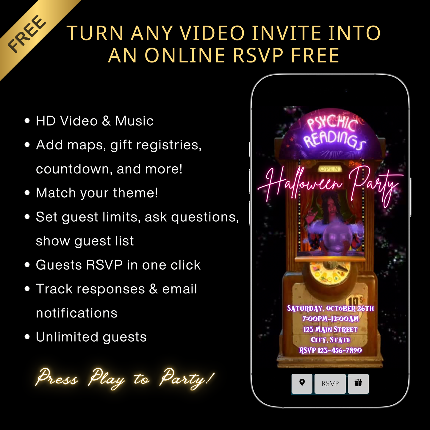 Halloween-Videoeinladung, animierte Einladung mit Wahrsager-Motiv, bearbeitbare mobile Einladung zur Halloween-Party