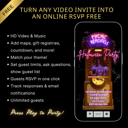 Halloween-Videoeinladung, animierte Einladung mit Wahrsager-Motiv, bearbeitbare mobile Einladung zur Halloween-Party