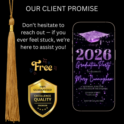 Purple Graduation Party Video Invitation | Class of 2026 Photo Invite | Editable Online RSVP Evite Canva Template