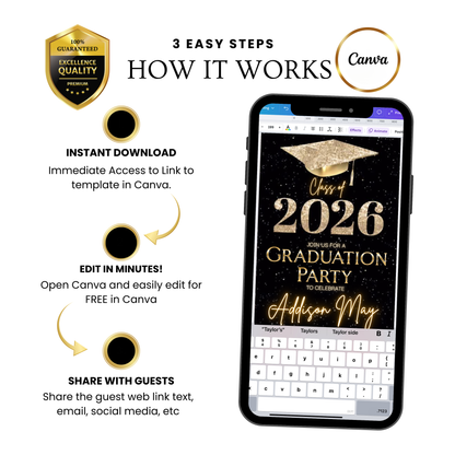 Graduation Party Video Invitation | Black and Gold Graduation RSVP Invite | Editable Online RSVP Evite Canva Template