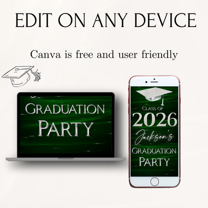 Graduation Party Video Invitation | Class of 2026 Green and Silver Invite for Him | Editable Online RSVP Evite Canva Template