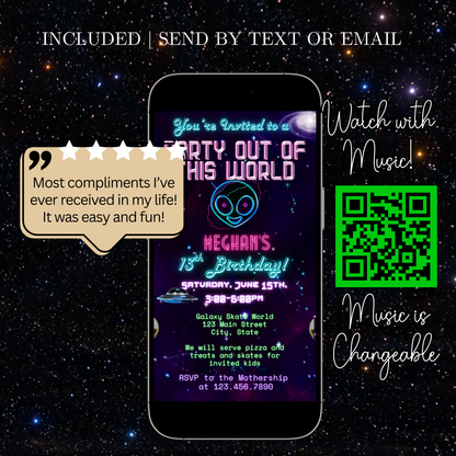 Party Out of This World Alien Birthday Invitation | Mobile Animated Alien Invite | Editable Canva Template