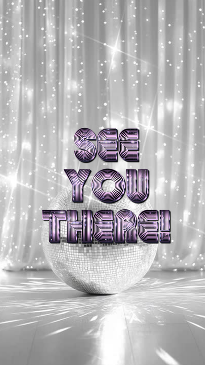 Editable disco ball video invite purple glitter