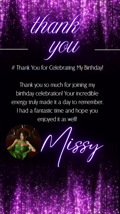 Glowing purple neon birthday video invite card