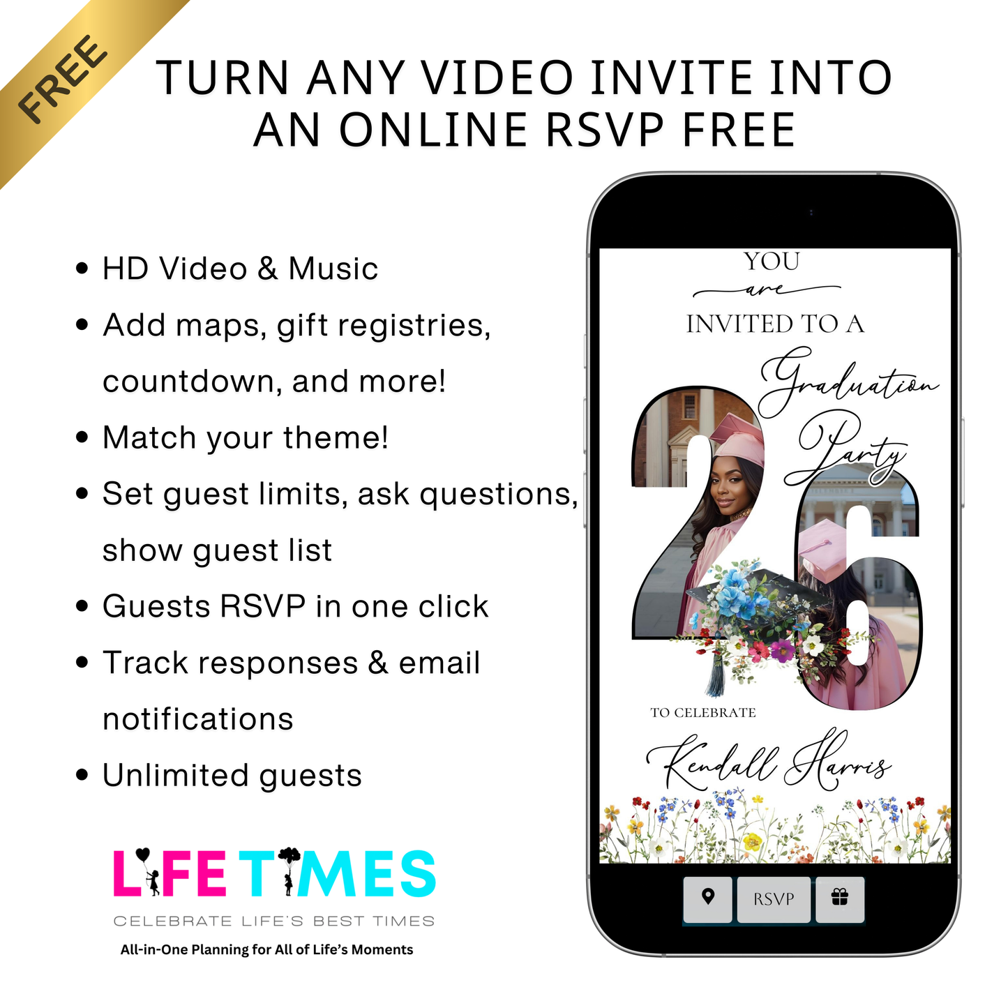Editable floral graduation 2026 graduation video invitation displayed on a mobile phone, featuring an animated vertical digital invite with music, created in Canva. This premium video invitation template is designed for sharing by text, email, and social media and works with an interactive RSVP website for easy guest response tracking.