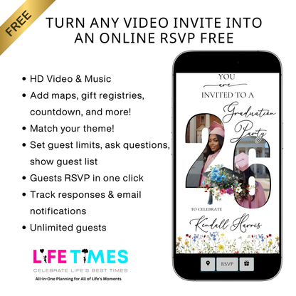 Editable floral graduation 2026 graduation video invitation displayed on a mobile phone, featuring an animated vertical digital invite with music, created in Canva. This premium video invitation template is designed for sharing by text, email, and social media and works with an interactive RSVP website for easy guest response tracking.