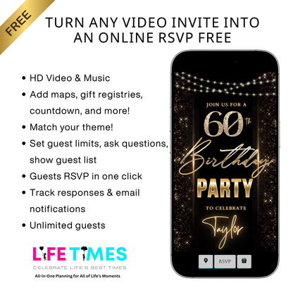 Editable black gold elegant 60th birthday birthday video invitation displayed on a mobile phone, featuring an animated vertical digital invite with music, created in Canva. This premium video invitation template is designed for sharing by text, email, and social media and works with an interactive RSVP website for easy guest response tracking.