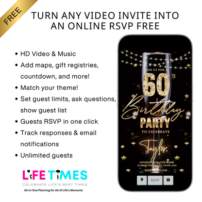 Editable champagne celebration 60th birthday birthday video invitation displayed on a mobile phone, featuring an animated vertical digital invite with music, created in Canva. This premium video invitation template is designed for sharing by text, email, and social media and works with an interactive RSVP website for easy guest response tracking.