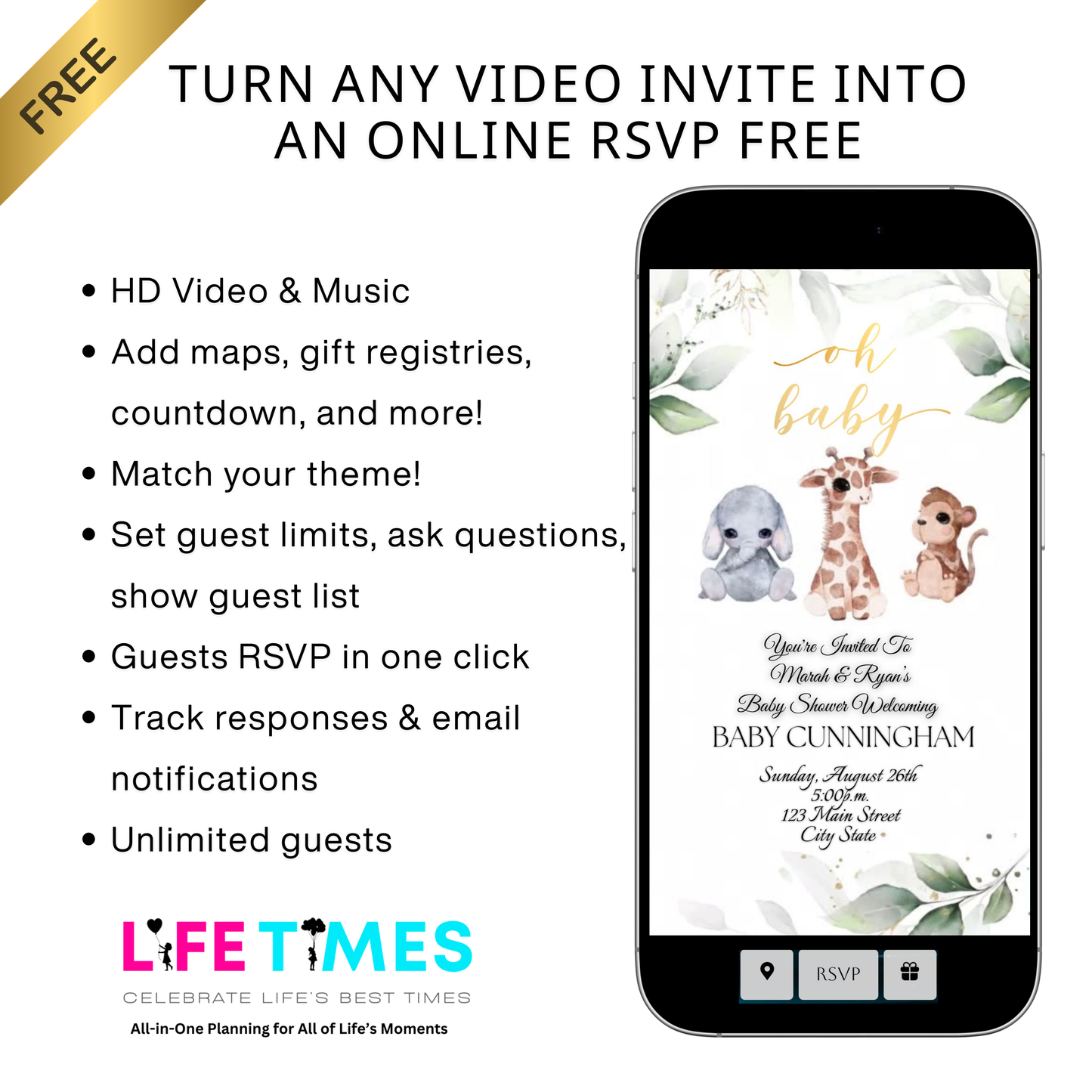 Editable safari baby shower baby shower video invitation displayed on a mobile phone, featuring an animated vertical digital invite with music, created in Canva. This premium video invitation template is designed for sharing by text, email, and social media and works with an interactive RSVP website for easy guest response tracking.