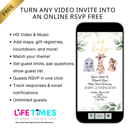 Editable safari baby shower baby shower video invitation displayed on a mobile phone, featuring an animated vertical digital invite with music, created in Canva. This premium video invitation template is designed for sharing by text, email, and social media and works with an interactive RSVP website for easy guest response tracking.