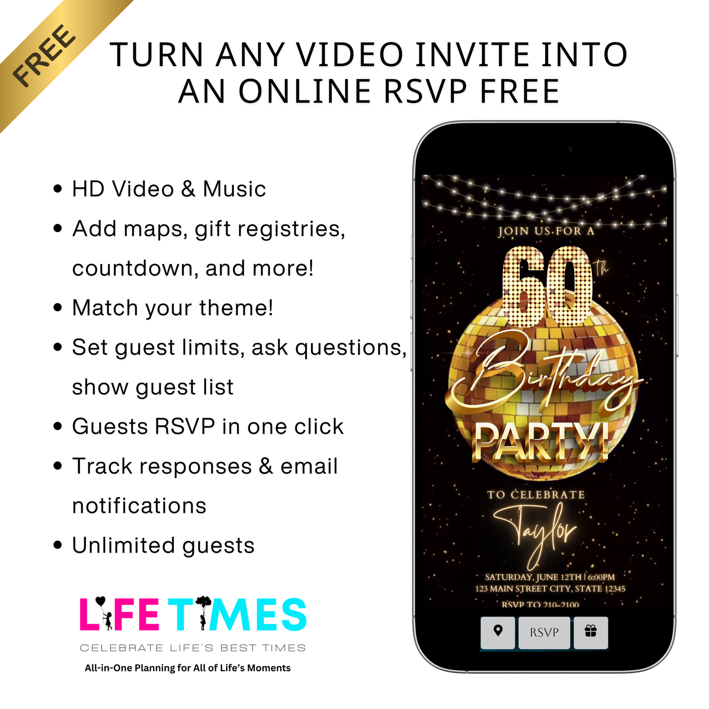 Editable gold disco ball 60th birthday birthday video invitation displayed on a mobile phone, featuring an animated vertical digital invite with music, created in Canva. This premium video invitation template is designed for sharing by text, email, and social media and works with an interactive RSVP website for easy guest response tracking.