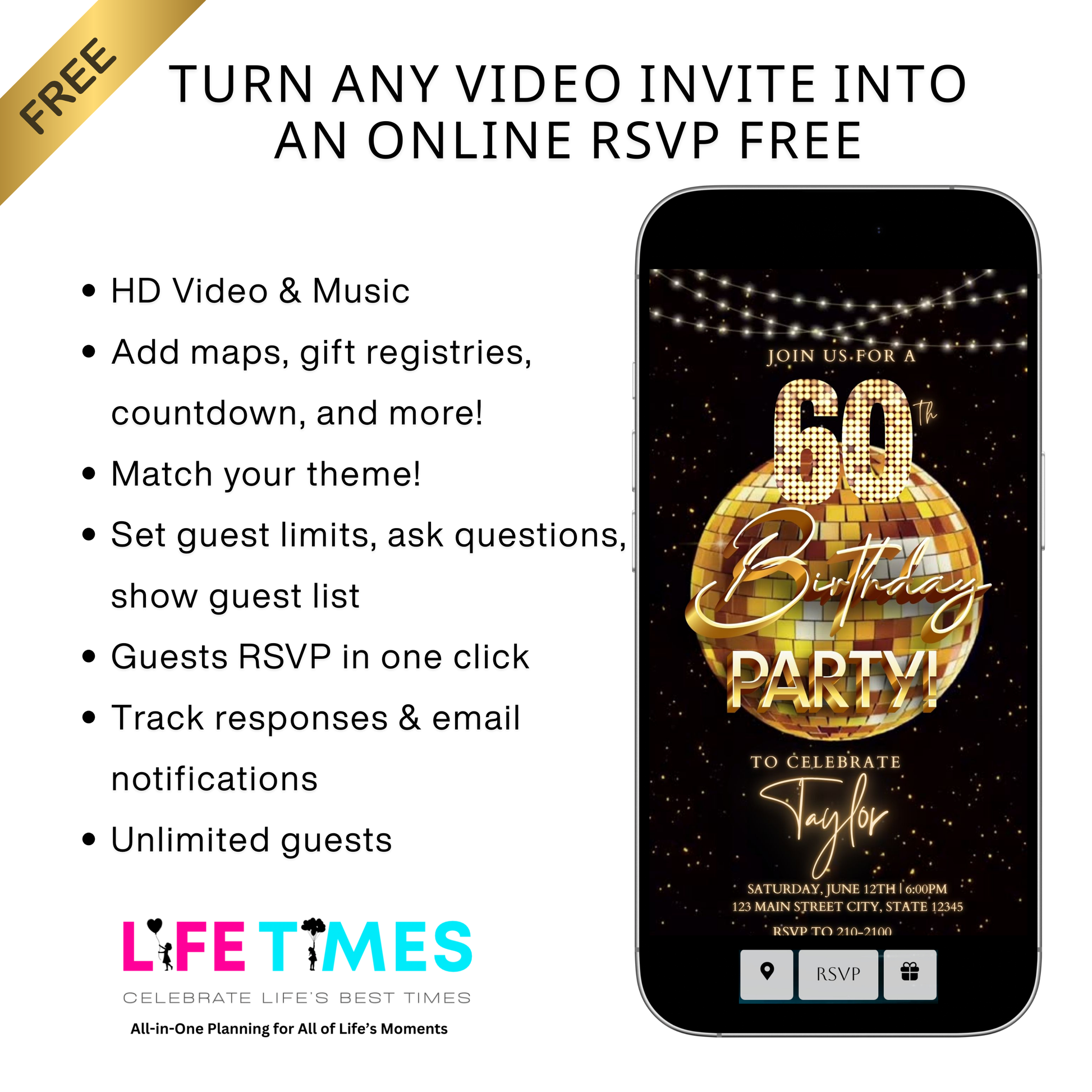 Editable gold disco ball 60th birthday birthday video invitation displayed on a mobile phone, featuring an animated vertical digital invite with music, created in Canva. This premium video invitation template is designed for sharing by text, email, and social media and works with an interactive RSVP website for easy guest response tracking.