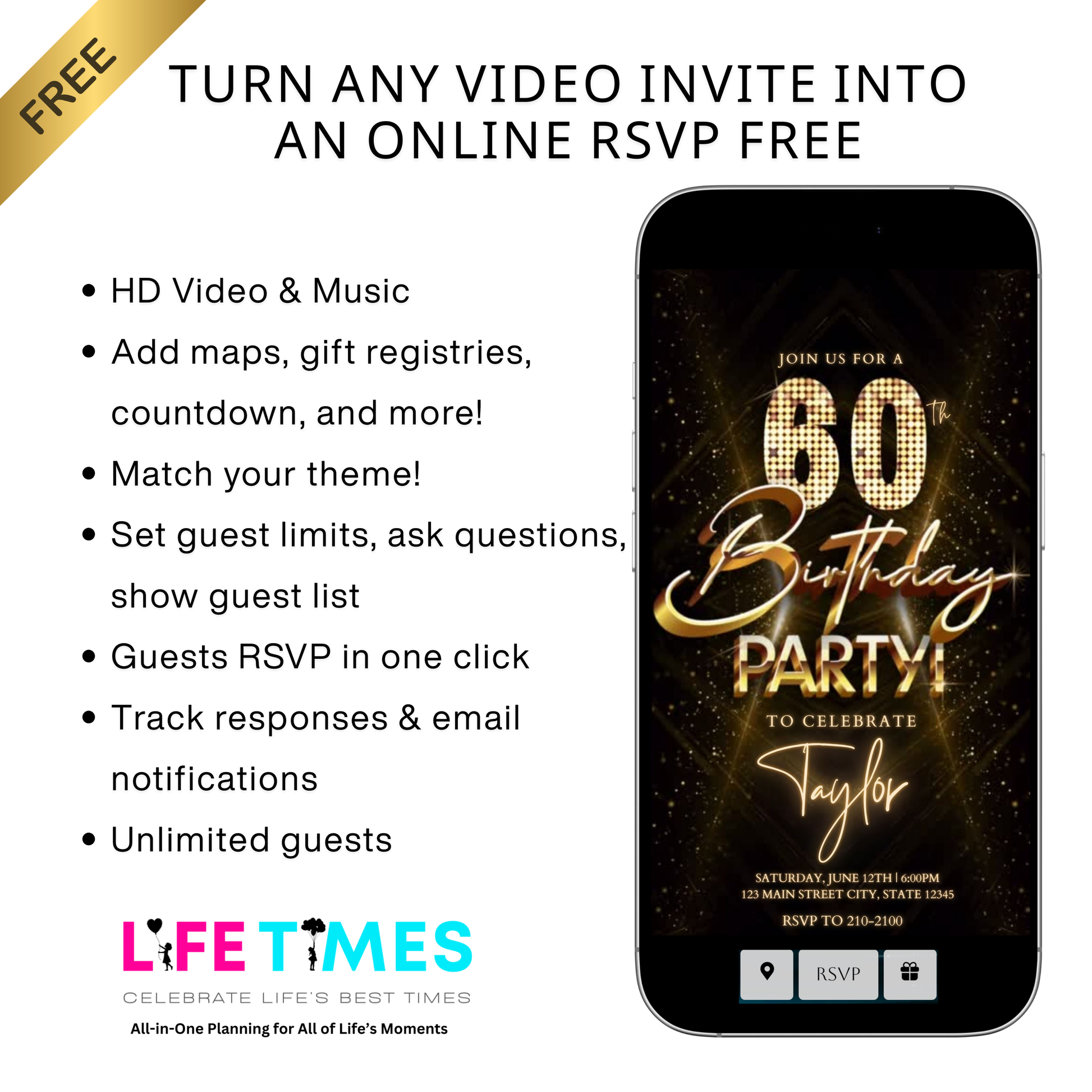 Editable luxury gold spotlight 60th birthday birthday video invitation displayed on a mobile phone, featuring an animated vertical digital invite with music, created in Canva. This premium video invitation template is designed for sharing by text, email, and social media and works with an interactive RSVP website for easy guest response tracking.