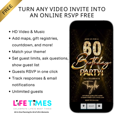 Editable luxury gold spotlight 60th birthday birthday video invitation displayed on a mobile phone, featuring an animated vertical digital invite with music, created in Canva. This premium video invitation template is designed for sharing by text, email, and social media and works with an interactive RSVP website for easy guest response tracking.