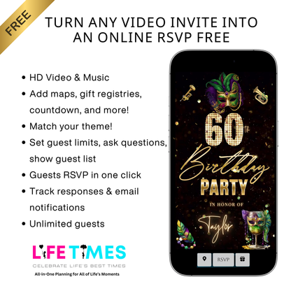 Editable mardi gras masquerade 60th birthday birthday video invitation displayed on a mobile phone, featuring an animated vertical digital invite with music, created in Canva. This premium video invitation template is designed for sharing by text, email, and social media and works with an interactive RSVP website for easy guest response tracking.
