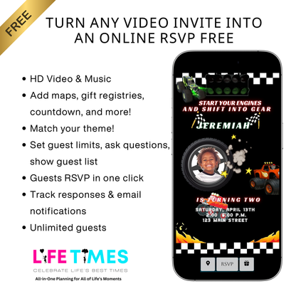 Editable monster truck race birthday birthday video invitation displayed on a mobile phone, featuring an animated vertical digital invite with music, created in Canva. This premium video invitation template is designed for sharing by text, email, and social media and works with an interactive RSVP website for easy guest response tracking.