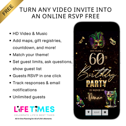 Editable masquerade mardi gras 60th birthday birthday video invitation displayed on a mobile phone, featuring an animated vertical digital invite with music, created in Canva. This premium video invitation template is designed for sharing by text, email, and social media and works with an interactive RSVP website for easy guest response tracking.